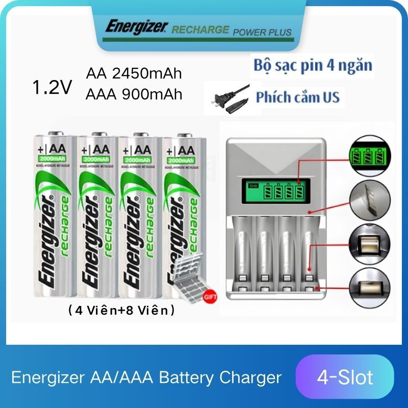 Energizer Pin Sạc 1.2V Ni-MH AA 2450mAh/AAA 900mAh có thể sạc lại, tích ...