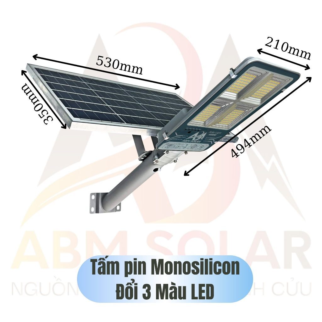 [400W] Đèn Đường Năng Lượng Mặt Trời ABMSOLAR Tấm Pin Năng Lượng Rời Chống Nước IP68 Vỏ Nhôm Nguyên Khối, Đổi 3 Màu LED