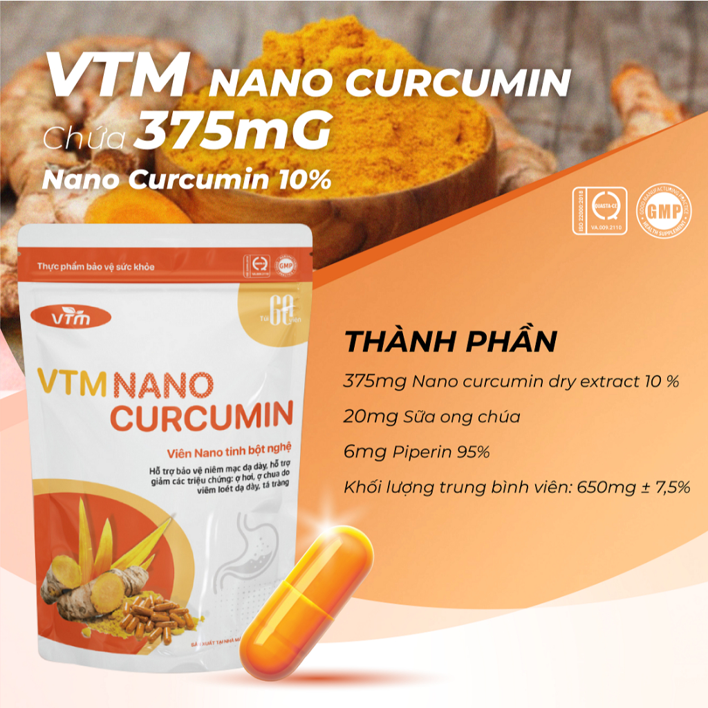 Ảnh Viên uống tinh bột nghệ VTM NANO CURCUMIN giảm viêm loét dạ dày, hành tá tràng - túi 60 viên 3