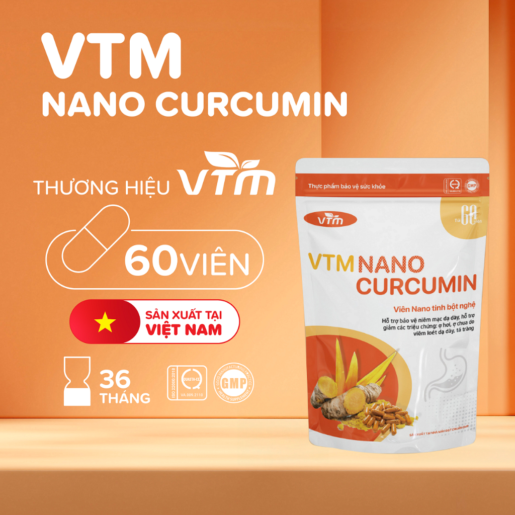 Ảnh Viên uống tinh bột nghệ VTM NANO CURCUMIN giảm viêm loét dạ dày, hành tá tràng - túi 60 viên 2