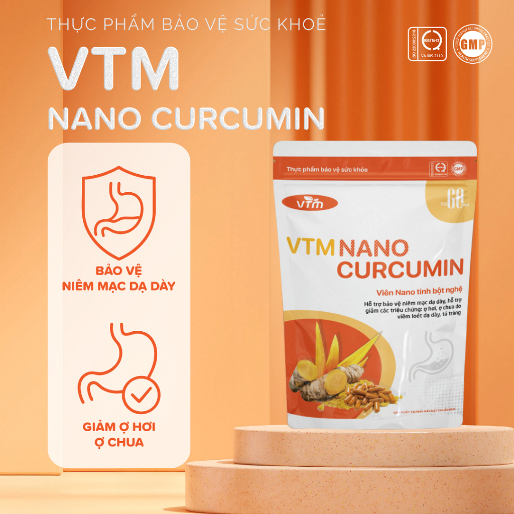 Ảnh Viên uống tinh bột nghệ VTM NANO CURCUMIN giảm viêm loét dạ dày, hành tá tràng - túi 60 viên 1