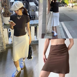 Chân váy dài qua gối màu trơn trắng đen nâu cạp chun nơ CV005 - Tiktik