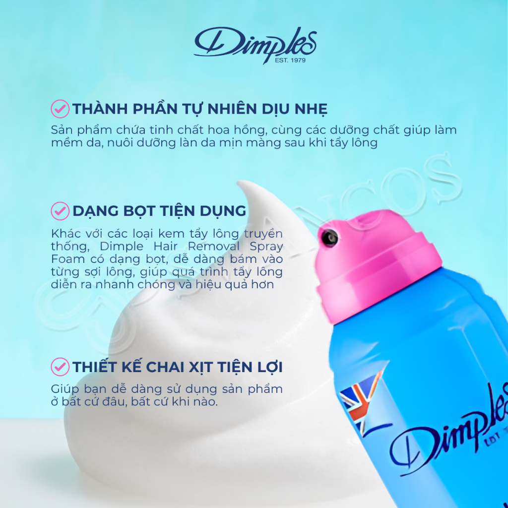 Xịt Tẩy Lông Châu Âu DIMPLES Dạng Bọt Hương Hoa Hồng Dành Cho Chân, Tay, Nách Không Gây Kích Ứng