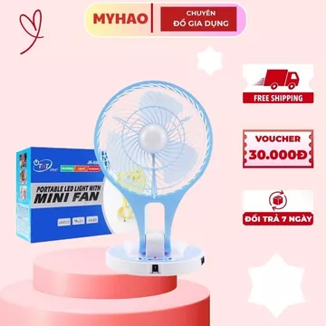 Quạt Sạc Tích Điện Gấp Gọn, Quạt Tích Điện Mini Kèm Đèn Led Với 2 Chế Độ Quạt, 2 Chế Độ Đèn Kết Hợp