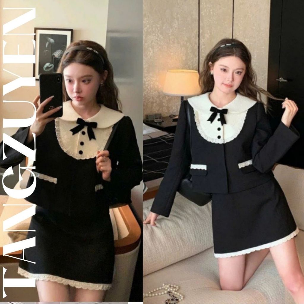Set đồ nữ Áo dạ tweet tiểu thư đen phối cổ sơ mi trắng tiểu thư ren nữ tính sang trọng + Chân váy ngắn bèo có quần T828G