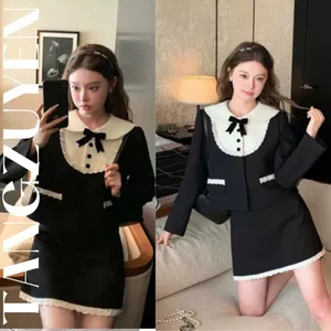 Set đồ nữ Áo dạ tweet tiểu thư đen phối cổ sơ mi trắng tiểu thư ren nữ tính sang trọng + Chân váy ngắn bèo có quần T828G