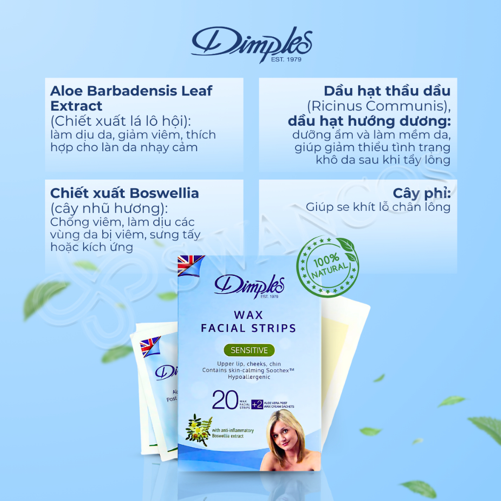 Miếng Wax Lông Mặt Châu Âu Dimples Facial Strips Cho Da Nhạy Cảm, Loại Bỏ Lông Nhanh, Tiện Lợi, Không Kích Ứng