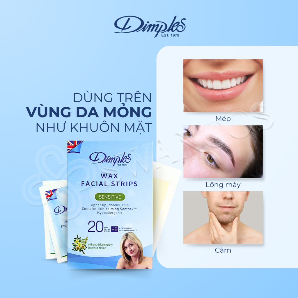 Miếng Wax Lông Mặt Châu Âu Dimples Facial Strips Cho Da Nhạy Cảm, Loại Bỏ Lông Nhanh, Tiện Lợi, Không Kích Ứng