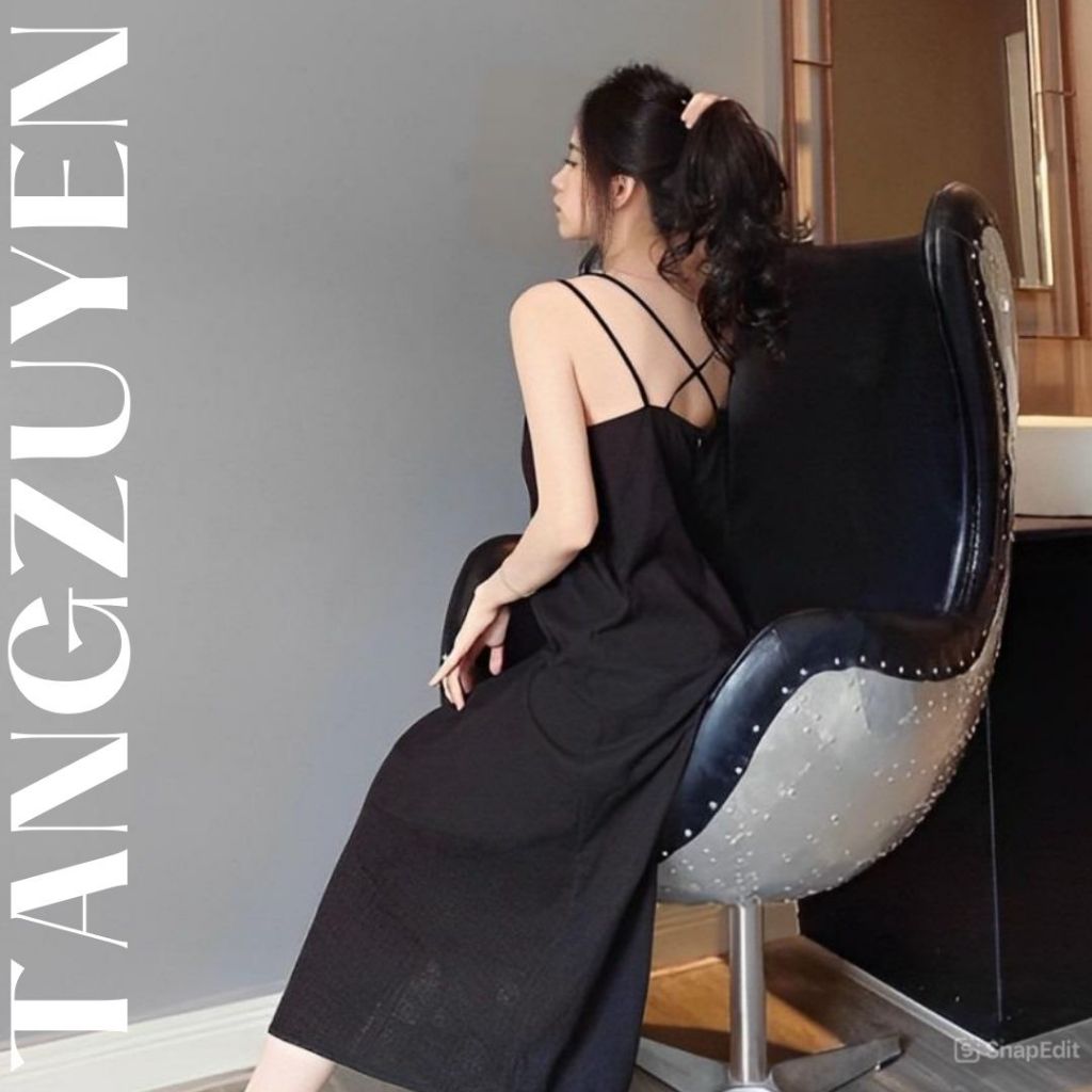 Váy 2 dây dáng dài đan dây lưng xinh xắn vàng đen đi biển du lịch Đầm nữ dáng rộng suông hè thu maxi cute T627G