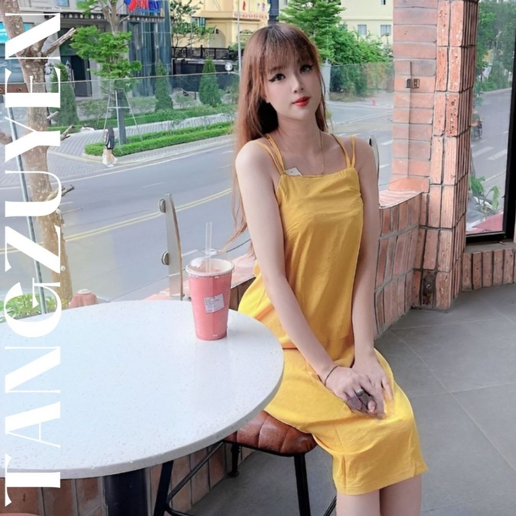 Váy 2 dây dáng dài đan dây lưng xinh xắn vàng đen đi biển du lịch Đầm nữ dáng rộng suông hè thu maxi cute T627G