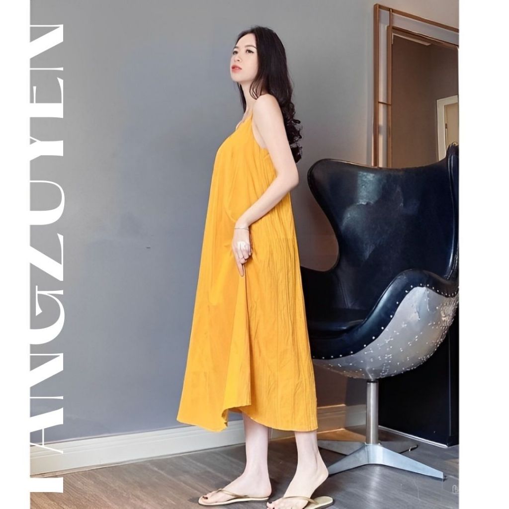 Váy 2 dây dáng dài đan dây lưng xinh xắn vàng đen đi biển du lịch Đầm nữ dáng rộng suông hè thu maxi cute T627G
