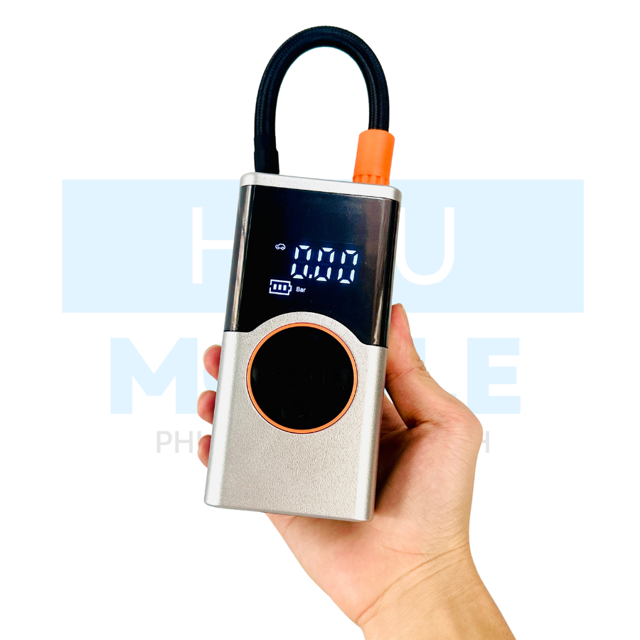 Bơm hơi điện tử mini ô tô, xe máy đa năng kiêm pin sạc dự phòng có đèn LED model 009
