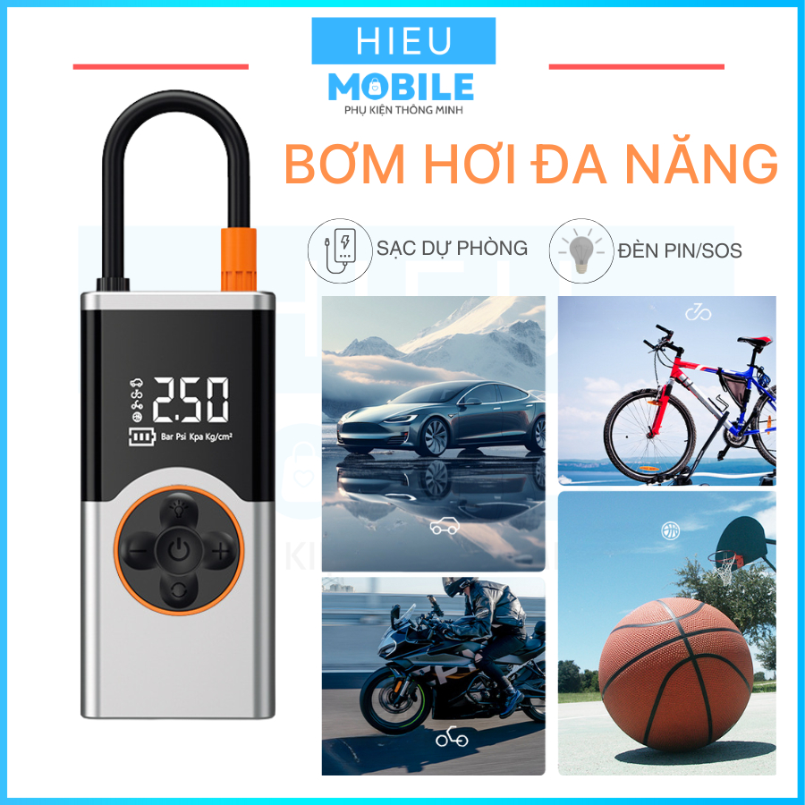 Bơm hơi điện tử mini ô tô, xe máy đa năng kiêm pin sạc dự phòng có đèn LED model 009