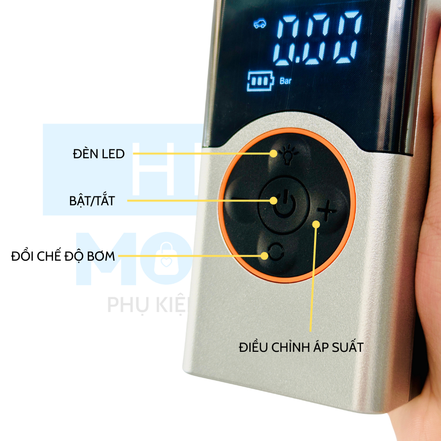 Bơm hơi điện tử mini ô tô, xe máy đa năng kiêm pin sạc dự phòng có đèn LED model 009