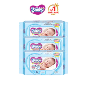 Bộ 3 gói khăn ướt Bobby không mùi 32 miếng