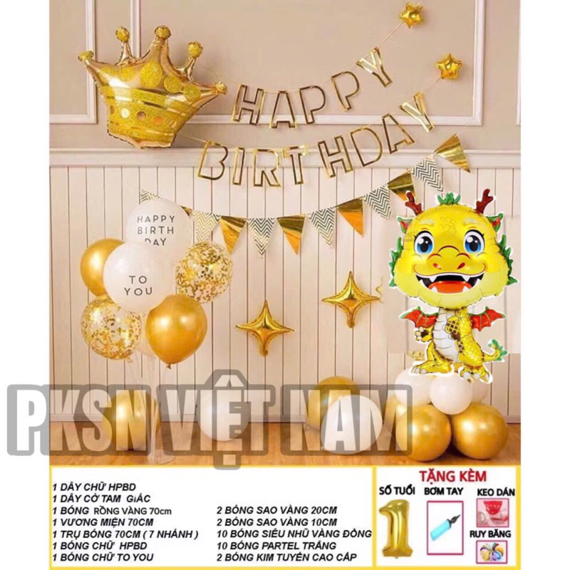 Combo Rồng vàng, Rồng đỏ Phụ Kiện sinh nhật bé trai bé gái ( Tặng kèm bơm, keo, dây ruy băng)