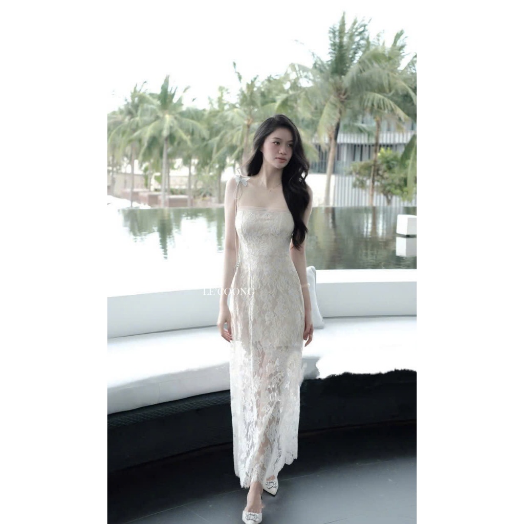 Ảnh Váy Tiểu Thư Hai Dây Dáng Dài Phối Ren Hoa LECOONG V766 Đầm Đẹp Đi Biển Màu Trắng Sang Chảnh 4