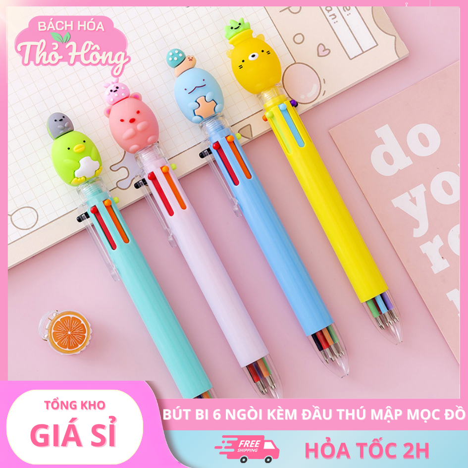 3 Bút Bi Bấm 6 Ngòi Kèm Đầu Thú Mập Mọc Đồ
