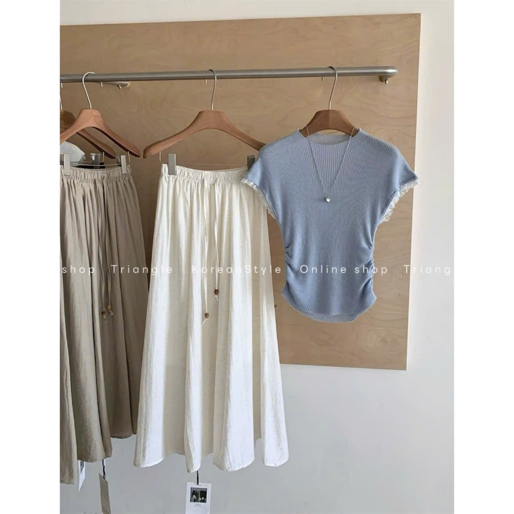 Triangle - Melting Set (Cân nhắc kỹ, returned is not welcomed)- Set áo dệt mỏng+chân váy xòe linen
