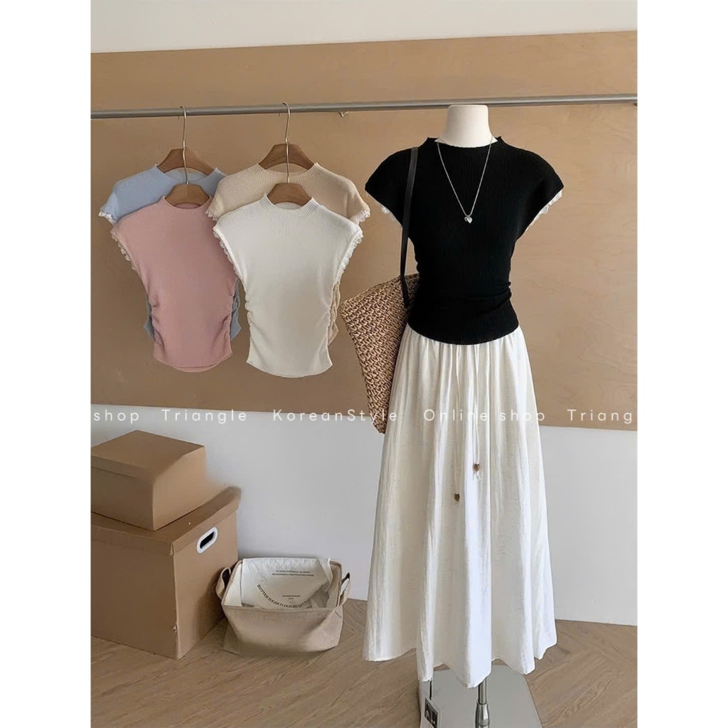 Triangle - Melting Set (Cân nhắc kỹ, returned is not welcomed)- Set áo dệt mỏng+chân váy xòe linen