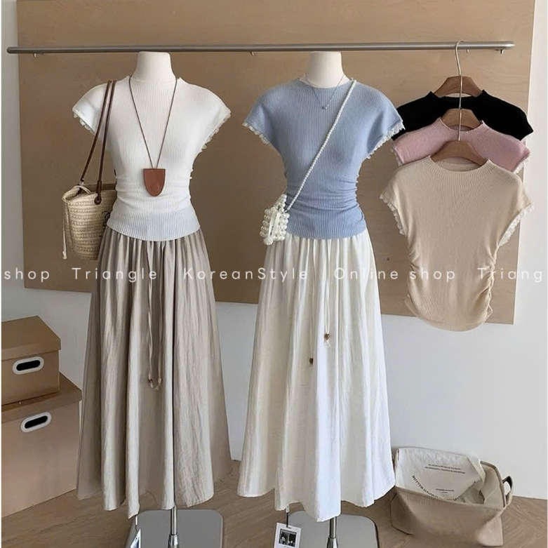 Triangle - Melting Set (Cân nhắc kỹ, returned is not welcomed)- Set áo dệt mỏng+chân váy xòe linen