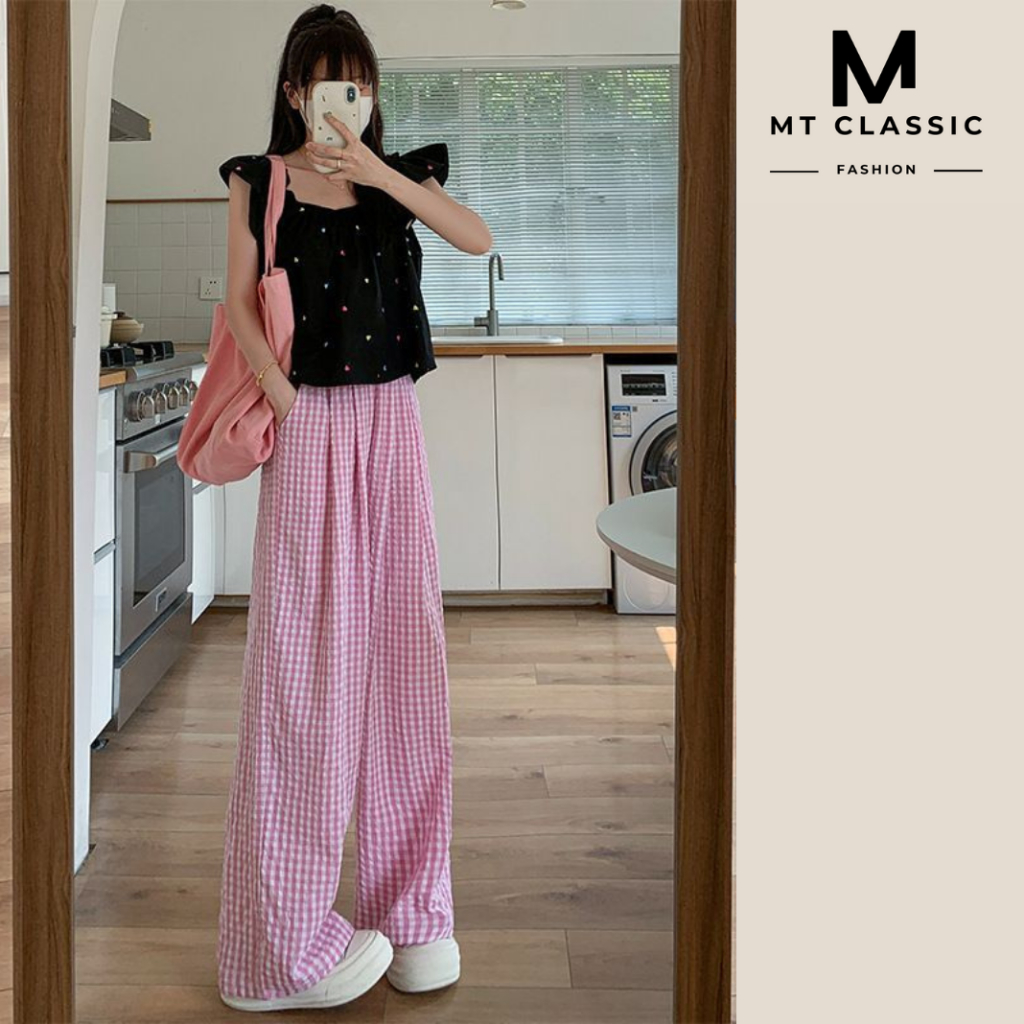 Quần kẻ sọc ống suông, quần suông lưng chun nữ chất cotton xốp mềm, mát họa tiết sọc kẻ hottrend dễ phối - Mt classic