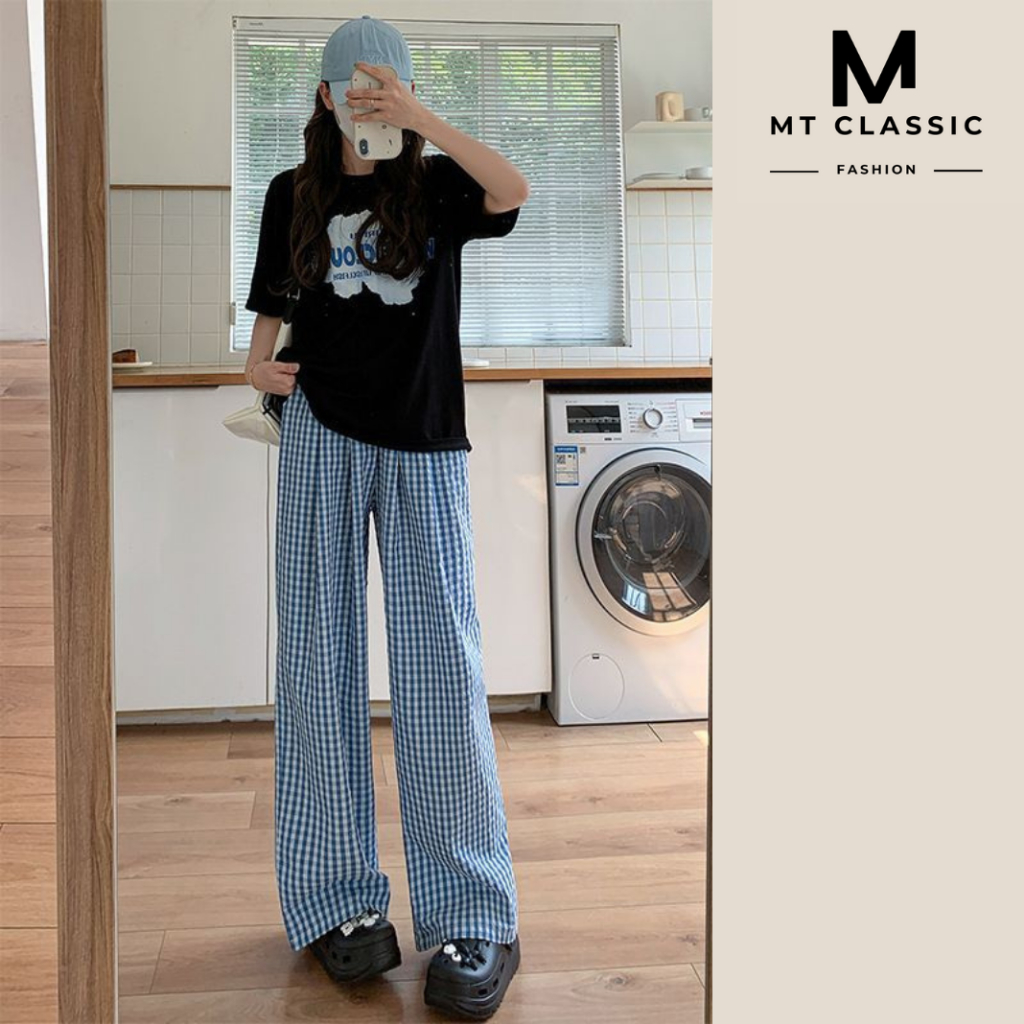 Quần kẻ sọc ống suông, quần suông lưng chun nữ chất cotton xốp mềm, mát họa tiết sọc kẻ hottrend dễ phối - Mt classic