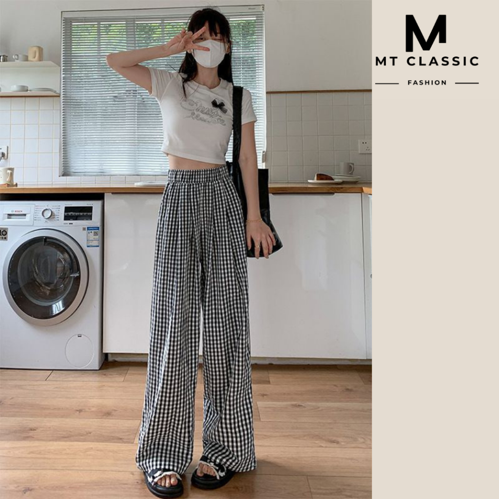 Quần kẻ sọc ống suông, quần suông lưng chun nữ chất cotton xốp mềm, mát họa tiết sọc kẻ hottrend dễ phối - Mt classic