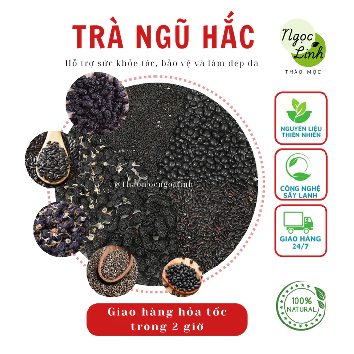 Trà ngũ hắc hỗ trợ mọc tóc nhanh khỏe Thaomocngoclinh (mè đen, dâu tằm, kỷ tử đen, gạo nếp đen, đậu đen)