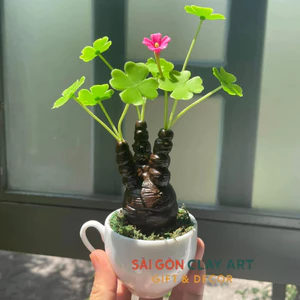 Chậu cỏ 4 lá may mắn làm bằng đất sét size mini