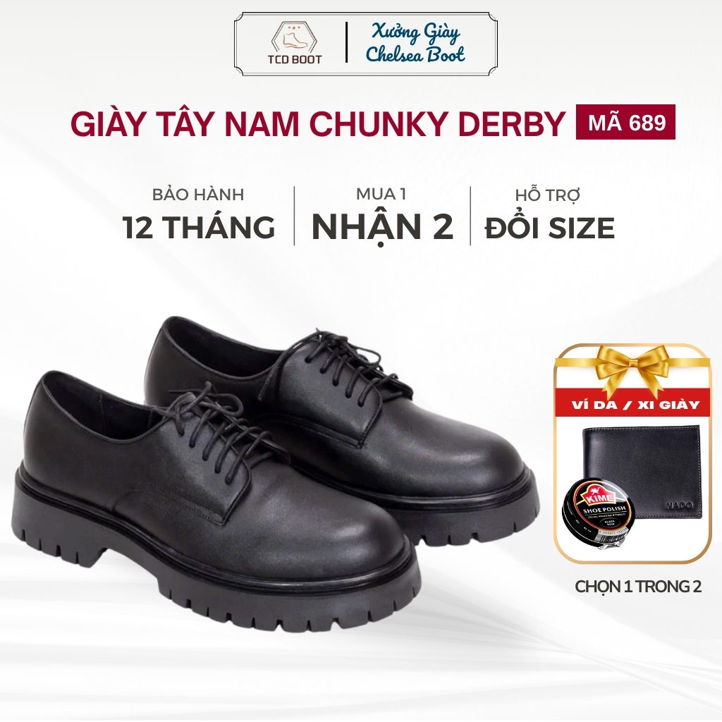 Giày Tây Nam Chunky Derby Tăng Chiều Cao 5cm, Giầy Da Công Sở Trẻ Trung Da Bò Cao Cấp Đế Cao Su Đúc Khâu Xuyên Gầm