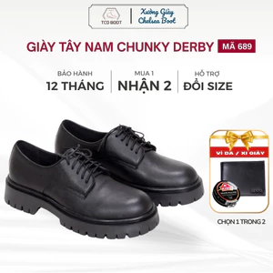 Giày Tây Nam Chunky Derby Tăng Chiều Cao 5cm, Giầy Da Công Sở Trẻ Trung Da Bò Cao Cấp Đế Cao Su Đúc Khâu Xuyên Gầm