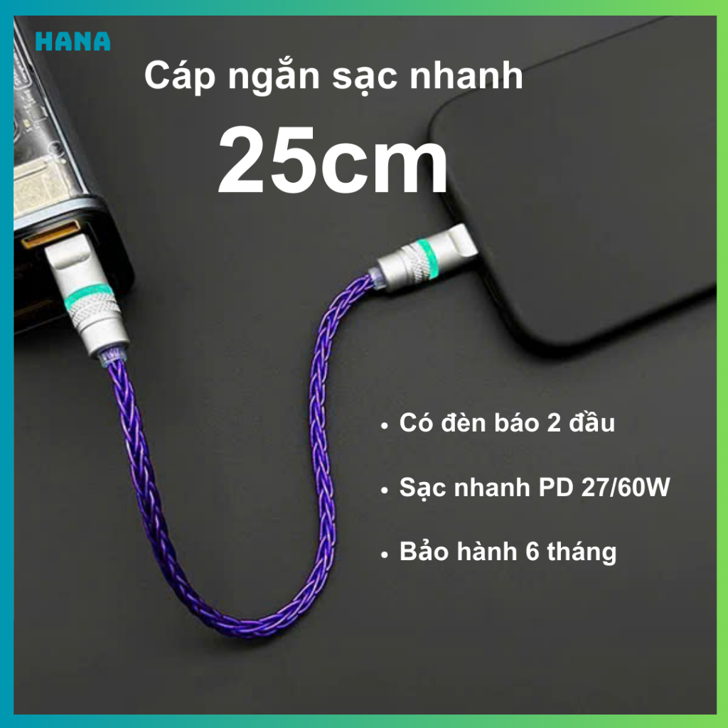 Dây Cáp Sạc Nhanh - Ngắn 25cm - Truyền dữ liệu 480Mbps - Công Suất PD 60W, Đèn Báo 2 Đầu, Bảo Hành 6 Tháng