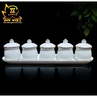 Bộ Áng 5 Ly Nước Có Nắp Gốm Sứ Men Trắng Viền Vàng - Nội Thất An Việt - 1515T