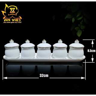 Bộ Áng 5 Ly Nước Có Nắp Gốm Sứ Men Trắng Viền Vàng - Nội Thất An Việt - 1515T