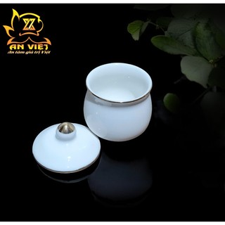 Bộ Áng 5 Ly Nước Có Nắp Gốm Sứ Men Trắng Viền Vàng - Nội Thất An Việt - 1515T