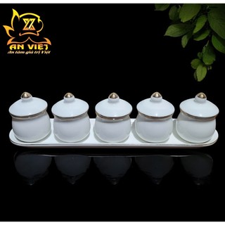 Bộ Áng 5 Ly Nước Có Nắp Gốm Sứ Men Trắng Viền Vàng - Nội Thất An Việt - 1515T
