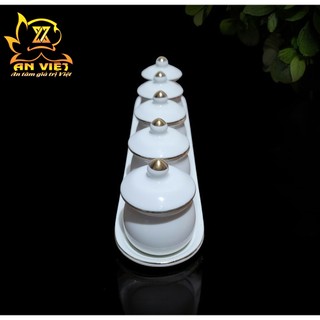 Bộ Áng 5 Ly Nước Có Nắp Gốm Sứ Men Trắng Viền Vàng - Nội Thất An Việt - 1515T