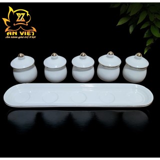 Bộ Áng 5 Ly Nước Có Nắp Gốm Sứ Men Trắng Viền Vàng - Nội Thất An Việt - 1515T