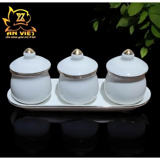Bộ Áng 3 Ly Nước Có Nắp Gốm Sứ Men Trắng Viền Vàng - Nội Thất An Việt - 1515T