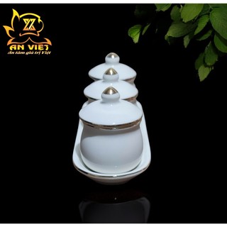Bộ Áng 3 Ly Nước Có Nắp Gốm Sứ Men Trắng Viền Vàng - Nội Thất An Việt - 1515T