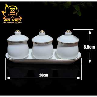 Bộ Áng 3 Ly Nước Có Nắp Gốm Sứ Men Trắng Viền Vàng - Nội Thất An Việt - 1515T