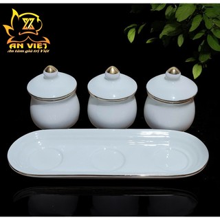 Bộ Áng 3 Ly Nước Có Nắp Gốm Sứ Men Trắng Viền Vàng - Nội Thất An Việt - 1515T