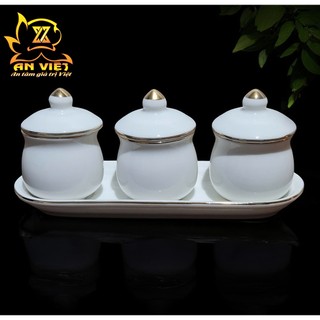 Bộ Áng 3 Ly Nước Có Nắp Gốm Sứ Men Trắng Viền Vàng - Nội Thất An Việt - 1515T