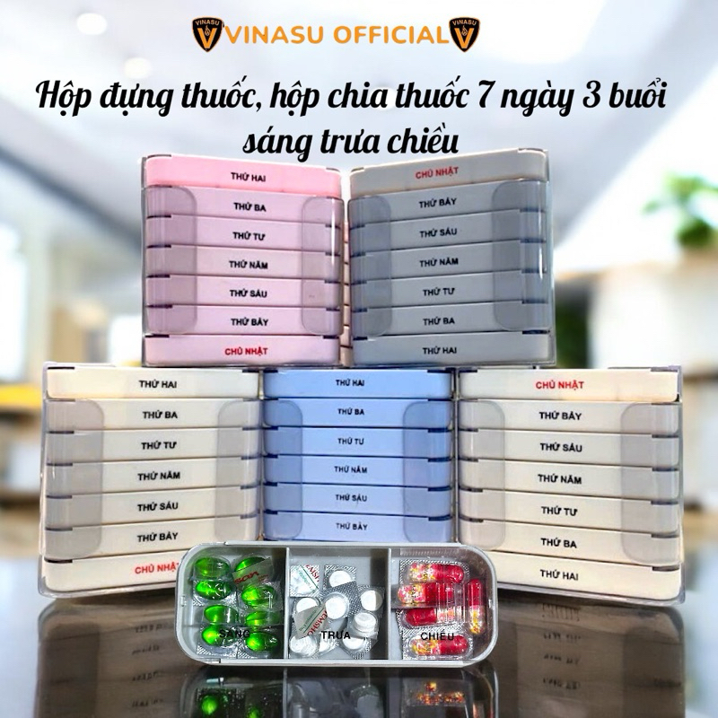 Hộp đựng thuốc 7 ngày  ,hộp Chia Thuốc 7 Ngày 3 ngăn và 4 ngăn Tiện Lợi Vinasu VNS 275( TẶNG 1 KHAY)