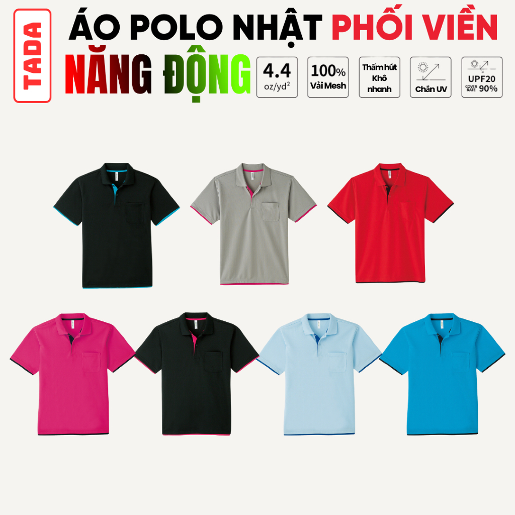 Áo Polo Nhật Có Túi Phối Viền Nam/Nữ Form Rộng 38-160Kg - Vải Active Cao Cấp - Chống Nắng - Thông Thoáng | MÀU NĂNG ĐỘNG