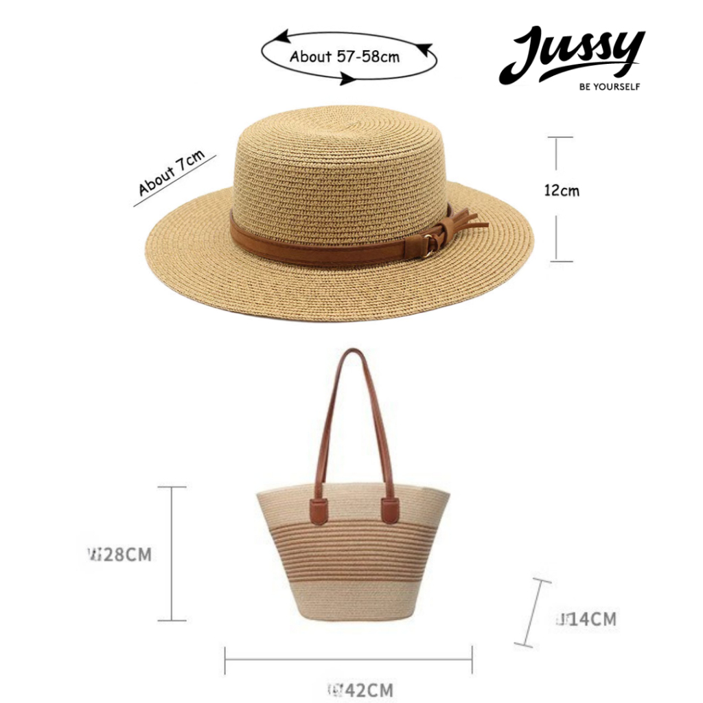 Combo Túi Mũ Cói Hàn Quốc Hot Trend JTUI04 và JCB09 Jussy Official Set Mũ Cói Rộng Vành Che Nắng Kèm Túi Cói Du Lịch