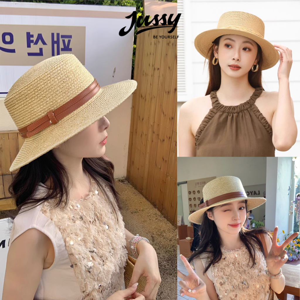 Combo Túi Mũ Cói Hàn Quốc Hot Trend JTUI04 và JCB09 Jussy Official Set Mũ Cói Rộng Vành Che Nắng Kèm Túi Cói Du Lịch