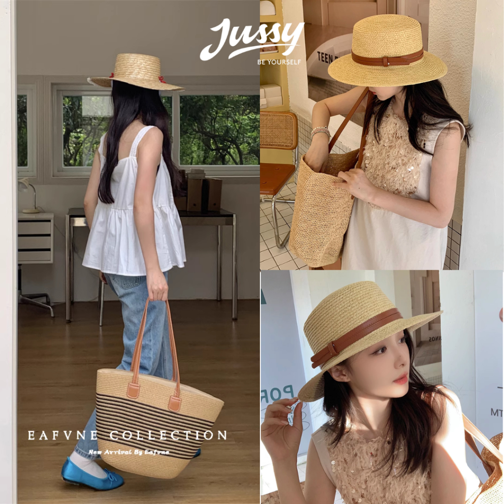 Combo Túi Mũ Cói Hàn Quốc Hot Trend JTUI04 và JCB09 Jussy Official Set Mũ Cói Rộng Vành Che Nắng Kèm Túi Cói Du Lịch