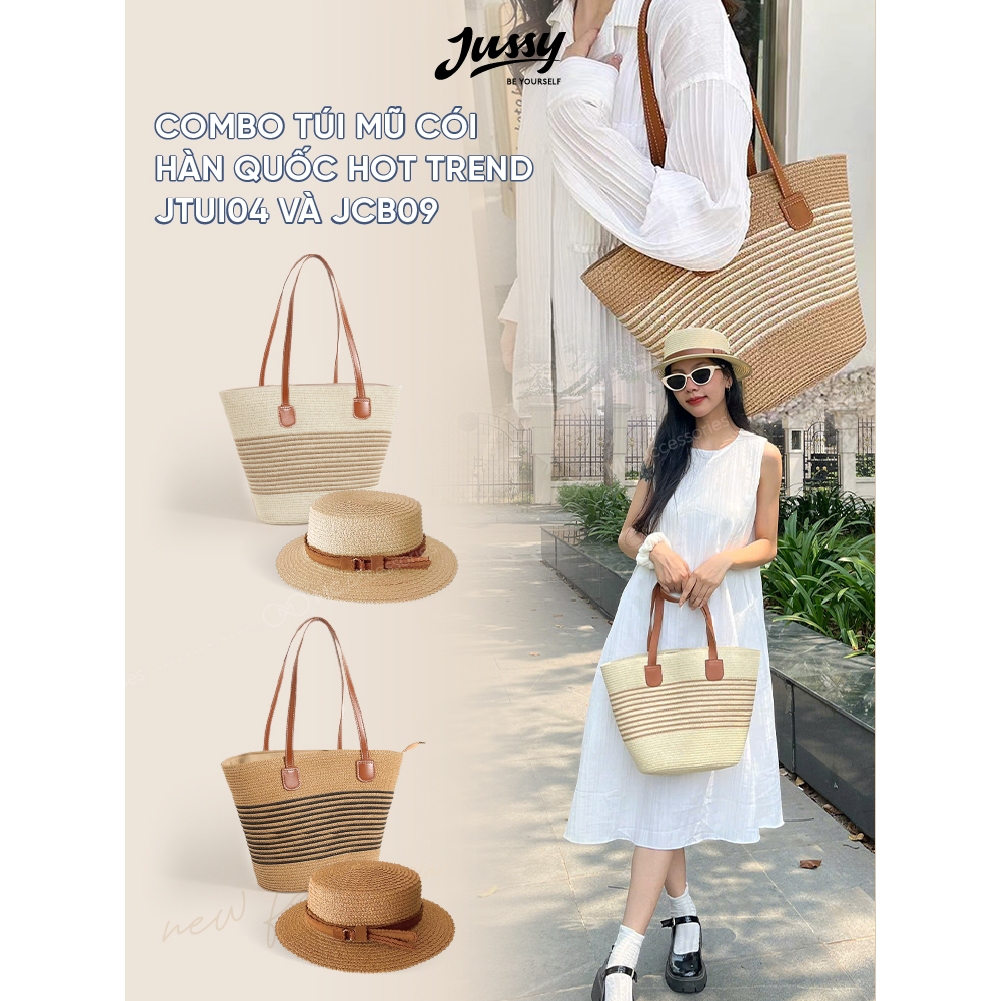 Combo Túi Mũ Cói Hàn Quốc Hot Trend JTUI04 và JCB09 Jussy Official Set Mũ Cói Rộng Vành Che Nắng Kèm Túi Cói Du Lịch